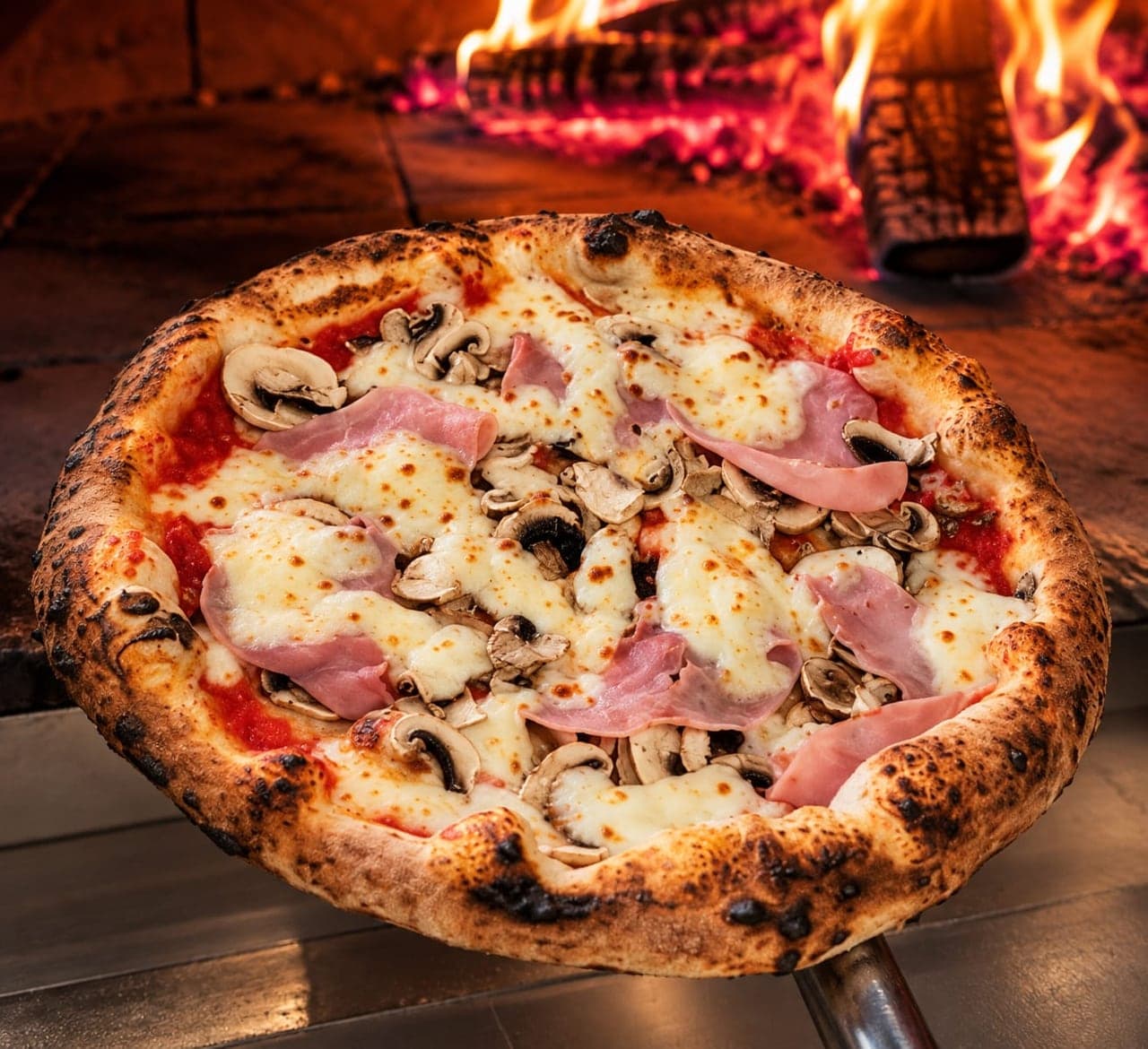 Une pizza au jambon et aux champignons sur la pelle, devant les flammes du four à bois.